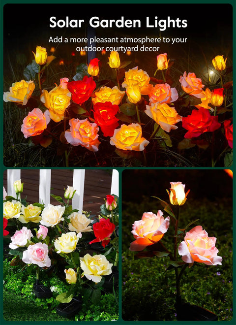 Dope 4 Pack Solar LED Rose Lights with Realistic Blooming Roses; colorful red, pink, yellow, champagne roses for garden decor.