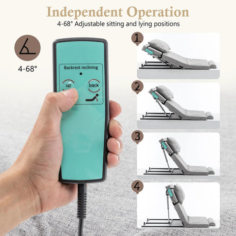 Premium Electric Adjustable Lift Bed Backrest With Mattress And Pillow For Ultimate Lounge Comfort Reclines 68 Degrees remote control in hand