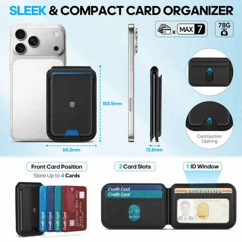 Genuine Leather Magnetic Wallet for MagSafe with Stand, 6 Card Slots, RFID Blocking, shown on iPhone with layout and dimensions.