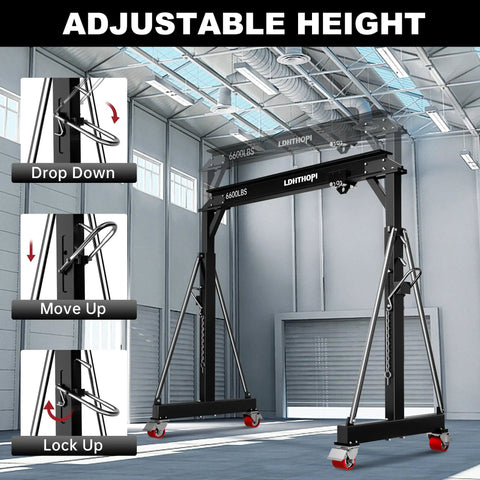 Beefy 3 Ton Gantry Crane With Adjustable 8.53 To 12.47 Ft Height 6600 Lbs Capacity Manual Trolley Hook And Shackles in warehouse