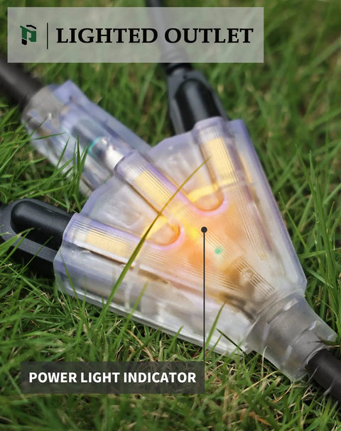 50 Ft Outdoor Extension Cord With 3 Outlets Heavy Duty 12 Gauge 3 Prong Waterproof Lighted End on grass