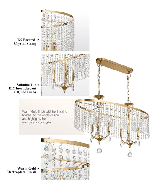 Lit 6 Light Gold Crystal Chandelier With K9 Crystals And Warm Gold Frame, modern design with E12 base and decorative detailing.