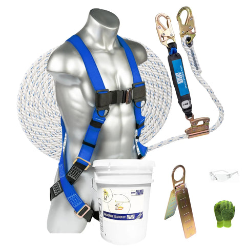 Safety Harness With 50ft Vertical Rope And Anchor Set For Roofers And Construction Pros Fall Arrest Kit displayed on mannequin