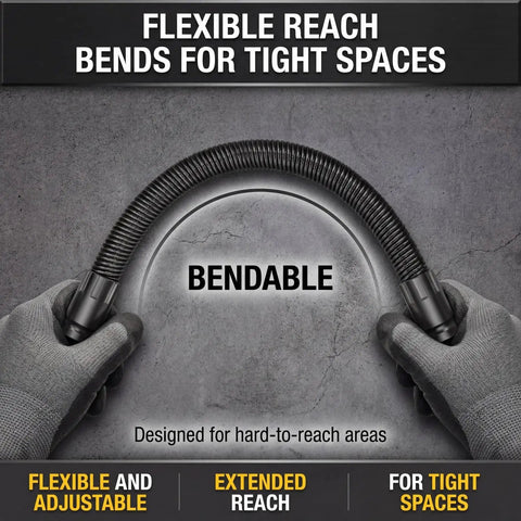 Flexible One Half Inch Drive Socket Extension Bar With 90 Degree Offset Wrench Head shown bent for tight space access.