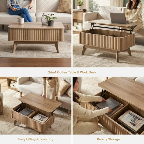 Lift Top Coffee Table With Hidden Storage, Mid Century Modern Farmhouse Design, Fluted Oak Finish Living Room Centerpiece That Hits Different And Keeps Your Layout Totally Clear, showcasing easy lifting and storage.