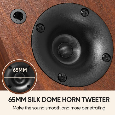 Close-up of 65mm silk dome horn tweeter on Bluetooth Bookshelf Speakers For Turntable Setup Powered Studio Monitor.