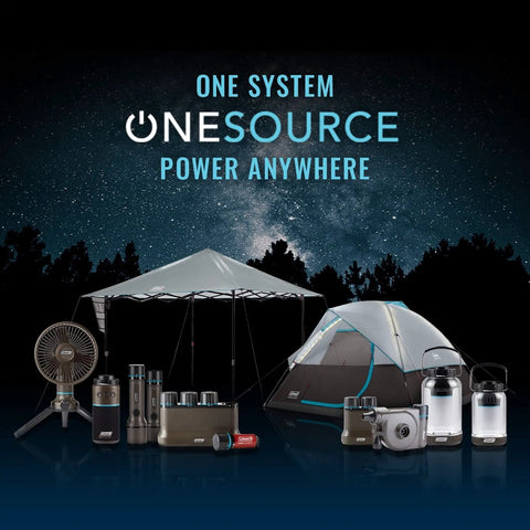 OneSource Rechargeable Camping Gear Set With Camp Shower Cordless Vacuum Portable Fan Bluetooth Speaker And Air Pump Powered By A Single Battery System For All Day Power On The Go displayed with tent and canopy