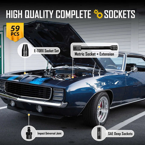 Car with open hood showcasing 3/8 Inch Drive Impact Socket Set With 59-Piece SAE And Metric Sockets, tools highlighted in image.