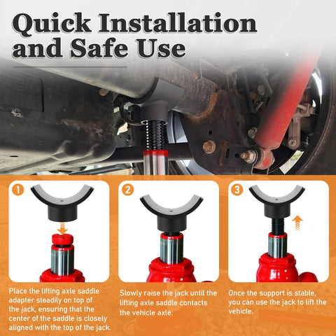 Universal Bottle Jack Adapter Lifting Saddle For Dana 60 70 80 Axles Heavy Duty Hydraulic Lift Block being installed on a jack.