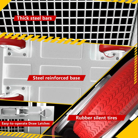 Rugged Beefy Heavy Duty 5in1 Platform Truck With Steel Cage 40x24 Inch Industrial Hand Cart And Rolling Dolly supporting details of thick steel bars, steel reinforced base, rubber silent tires.