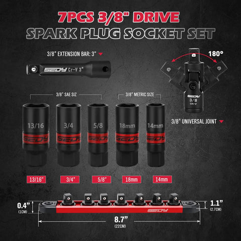 Eight Piece Three Eighths Inch Drive Spark Plug Socket Set With Magnetic Rail SAE And Metric Sizes Five Eighths Inch Three Quarter Inch Thirteen Sixteenths Inch Fourteen Millimeter Eighteen Millimeter Extension Bars And Universal Joint shown with dimensions.
