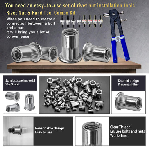 560 Piece Stainless Steel Rivet Nut Kit With Manual Rivet Nut Tool, Eight Metric And SAE Thread Sizes, 304 Stainless Rivet Nuts For Automotive DIY