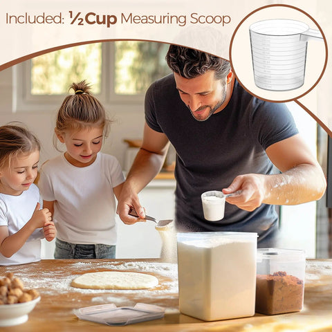 Father baking with kids using Flour And Sugar Storage Containers Set Of 3 Large Airtight Plastic Canisters With Lids 5.5 Qt Flour Jar.