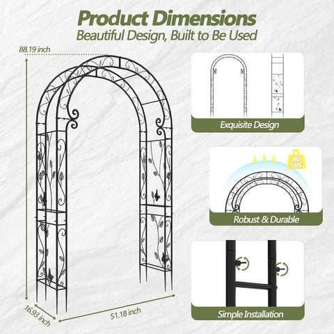 Metal Garden Arch Gate 51 Inch Long By 88 Inch Tall, Rustproof Steel Arch Trellis For Climbing Plants, design and dimensions.