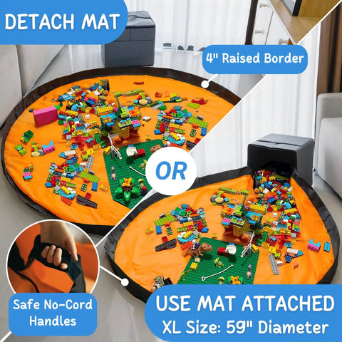 Toy Storage Organizer With Play Mat For Kids And Bricks, collapsible fabric bin shown with attached and detached play mat options.