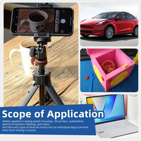 Collage showing various applications of Heat Set Threaded Inserts Kit For 3D Printing M2 To M6 100 Pcs, including electronics and automotive.