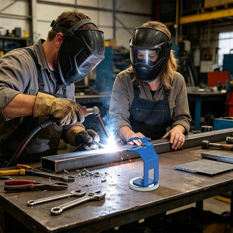 Heavy Duty Welding Torch Holder With Strong Magnet Base For Steel Shop Floor Precision Rack That Keeps Your Mig Gun Secure And Anti Slip To Save Time used in a workshop.