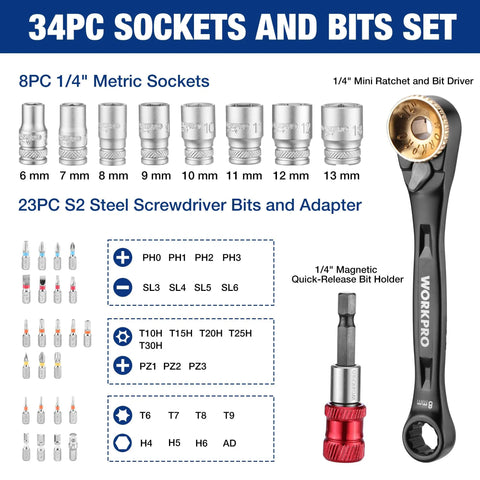 Slick 1/4 Inch Mini Ratchet Wrench Set With Magnetic Hex Bit Holder And Double Head Design displays 8 sockets and 23 bits.