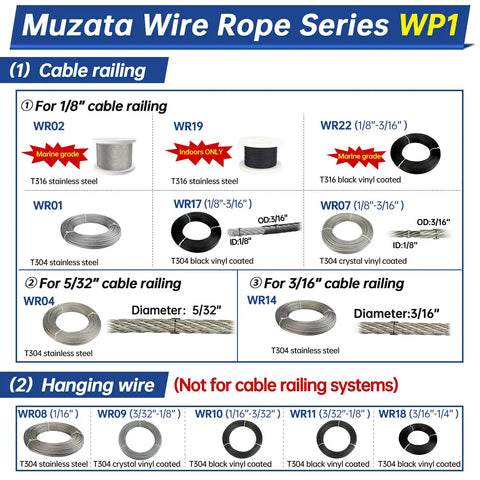Chart of Muzata wire rope series WP1 showing cable railing and hanging wire options for various diameters.