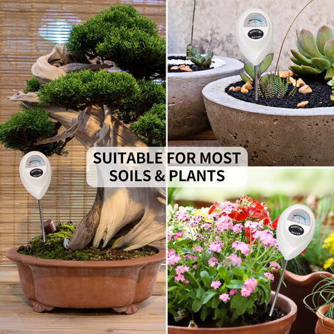Moisture Meter For Soil And Plants With Stainless Steel Probe, Easy To Read Dial, Indoor And Outdoor Use, Ideal For Houseplants, Gardens, Farming And Lawn Care, Includes Cleaning Cloth shown in various plant pots