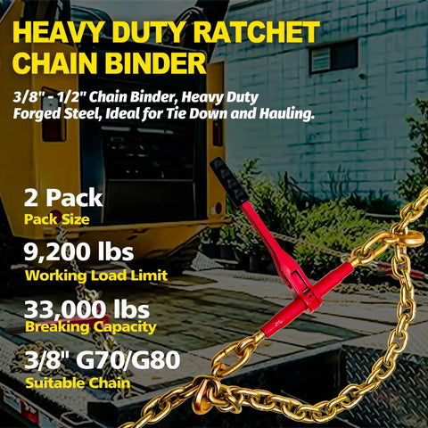 Heavy Duty Ratchet Chain Binder Three Eighths To One Half Inch With Clevis Hooks, 9,200 Lbs Working Load, Two Pack, Compatible With G43 G70 G80 Chains, Secure Tie Down For Hauling And Towing On Flatbeds And Trucks shown on flatbed in yard