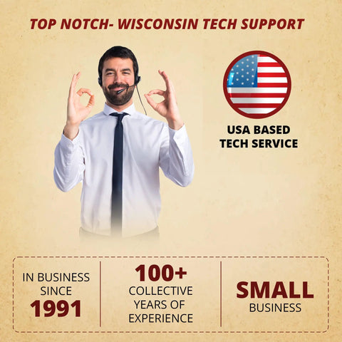 Smiling tech support representative with USA flag, highlighting Wisconsin-based service, in business since 1991.