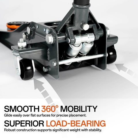 3-Ton low-profile hydraulic floor jack in dark gray steel with dual pistons and wheels