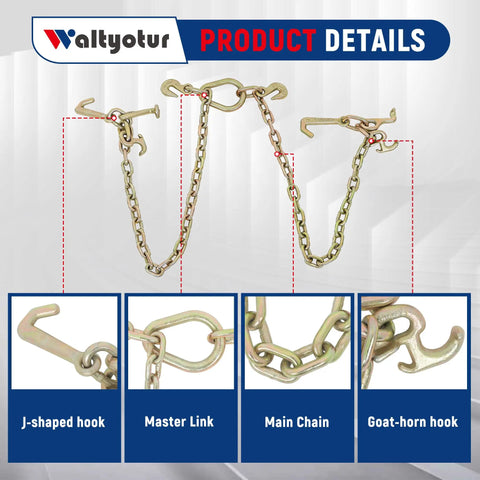 70 Chain Tow Chain Grade V Bridle With RJT Cluster Hooks For Tow Truck Winch Cables And Wrecker Pulls 5 Sixteenth Inch Short Pitch Chain 5400 Lb Working Load Limit 3 Foot Leg Chain Overall Length 3 Foot 9 Inch Beefy Heavy Duty, chain bridle detail with J-hook, master link, main chain, and goat-horn hook