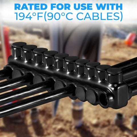 Rock Solid Dual Entry Wire Connectors With Ten Heavy Duty Ports And Slick Black Vinyl Protective Sleeve For Copper Or Aluminum Wiring, close-up view.