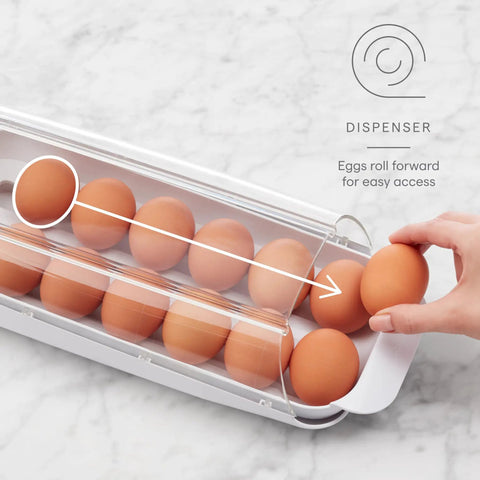 Person using Rolling Egg Holder Organizer For Fridge, BPA-Free Stackable Dispenser With Removable Tray, Holds 12-14 Eggs, See-Through Top
