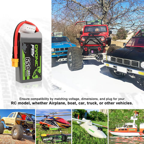 11.1V 650mAh 3S 80C LiPo Battery With XT30 Plug for RC cars, boats, trucks, helis. Images of RC vehicles in use.