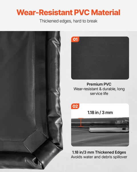 Close-up of heavy duty containment mat for garage floor 7 ft 9 in by 18 ft non slip PVC waterproof floor protector with cleaning squeegee oil and water resistant for cars parking snow rain mud black showing premium PVC material and thickened edges.