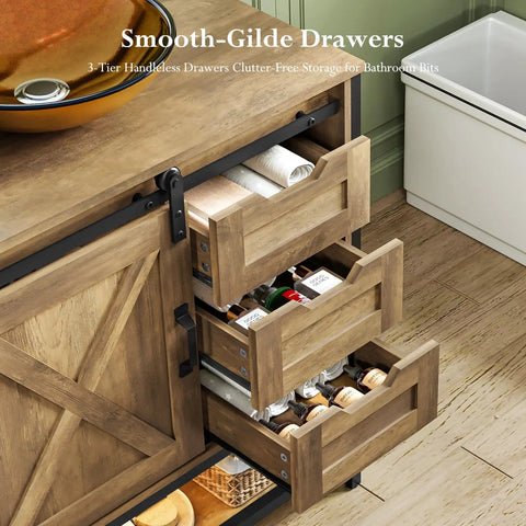 30 Inch Farmhouse Bathroom Vanity With Rustic Brown Wood Cabinet And Tempered Glass Vessel Sink Zero Stress Cleaning Rock Solid Frame Smooth Operator Design For Cozy Home Refresh featuring handless smooth-glide drawers.