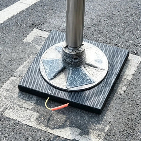 Ultra Tough Anti Sink Leveling Blocks Built Like A Tank Hdpe Jack Pads supporting a pole on asphalt.