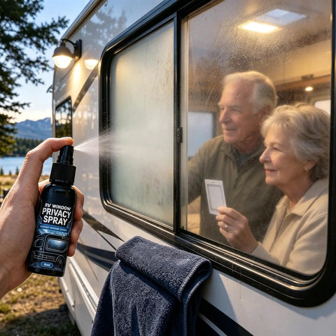 Person using Glass Frosting Spray | 3 Pieces 30ml Anti-Glare Translucent Privacy Agents on RV window.