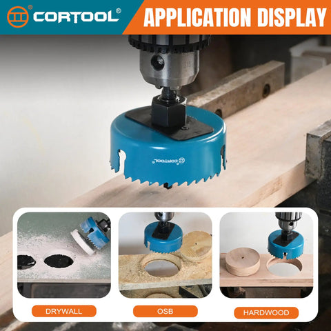 Open Slot Hole Saw Kit With Double Ground Teeth 21 Piece Drill Bit Set demonstration on various materials like drywall, OSB, and hardwood.