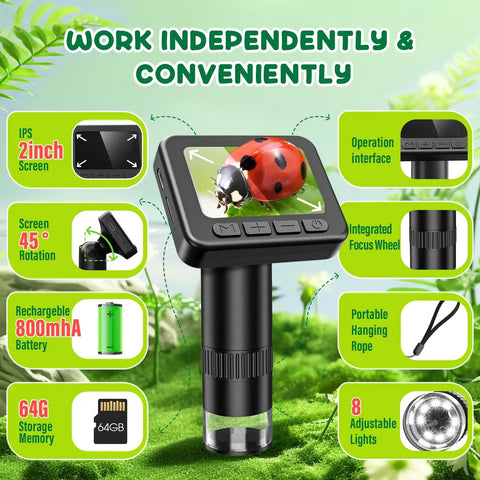 Kid Friendly Microscope 50x To 1000x Magnification With 2 Inch HD Screen And 1080P Video 32GB Card 2 Hour Battery Easy Carry Includes Slides Portable Science Kit Gift For Ages 8 To 12, black handheld