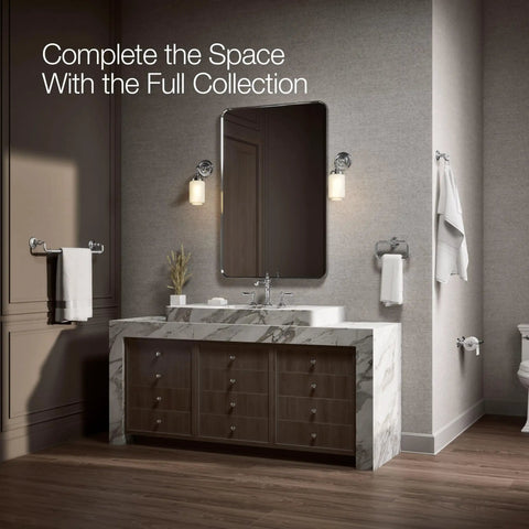 Modern bathroom with Artifacts Double Robe Hook Polished Chrome Heavy Duty Metal Bathroom Hardware, wall-mounted near mirror.