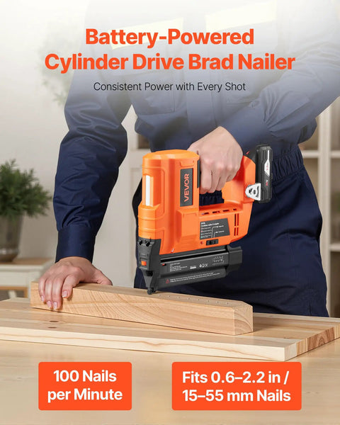 Smooth Shootin Cordless Brad Nailer 18 Gauge 20V Battery Powered Nail Gun in use on wood, highlighting adjustable depth and battery features.