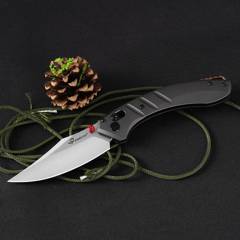Premium Folding Pocket Knife With Top Shelf Dc53 Steel Blade and Rock Solid Aluminum Handle, matte grey color.