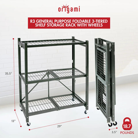 Three Tier Foldable Storage Shelf On Wheels, Heavy Duty Rolling Rack, Pewter Finish, shown open and folded against white wall