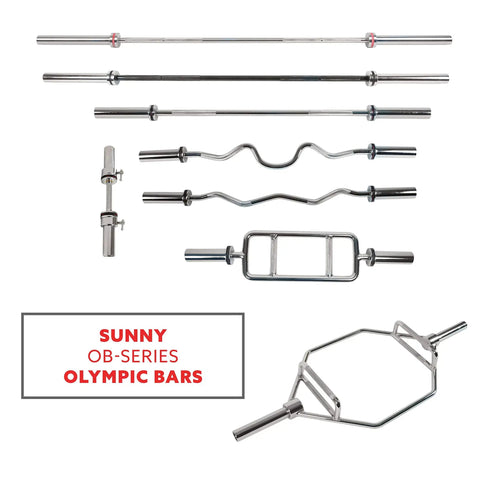 Various Olympic bars displayed with 48 Inch Olympic Curl Bar With Rotating Sleeves And Ring Collars For Home Gym
