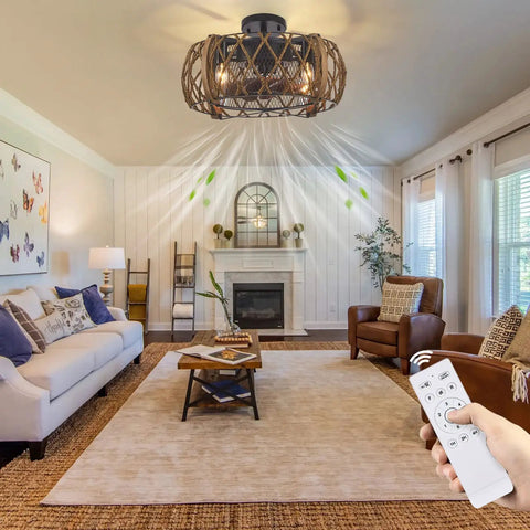 Living room with Industrial Farmhouse 17 Inch Black Caged Ceiling Fan With Remote Light Kit Enclosed Antique Four Light Flush Mount