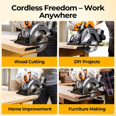 Heavy Duty 20V Cordless Circular Saw Arrives Loaded With Reliable Battery And Plug Pack Pushing A Robust 4500 Rpm No Load Speed, Fluid Bevel Swings, And Dead Center Cuts For Beat The Clock Builds used for wood cutting on a workbench.