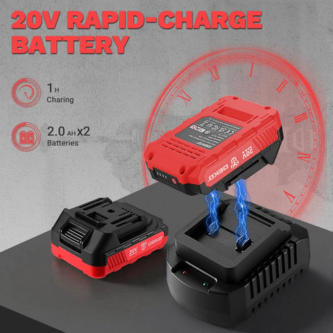 20V Rapid-Charge Battery for Heavy Duty Workhorse Cordless Drill And Impact Driver Duo, with 2.0Ah capacity and quick charging feature.