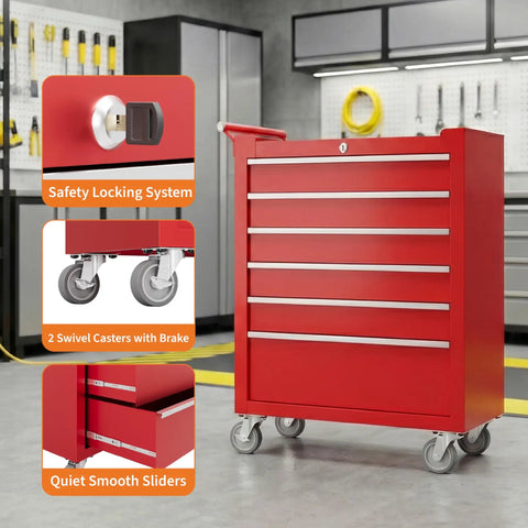 Heavy Duty Red Rolling Tool Chest On Wheels Locking Four Drawer Setup Full Extension Ball Bearing Drawers Cold Rolled Steel Shop Beast Pro Grade Corrosion Resistant close-up of safety locking system and smooth sliders