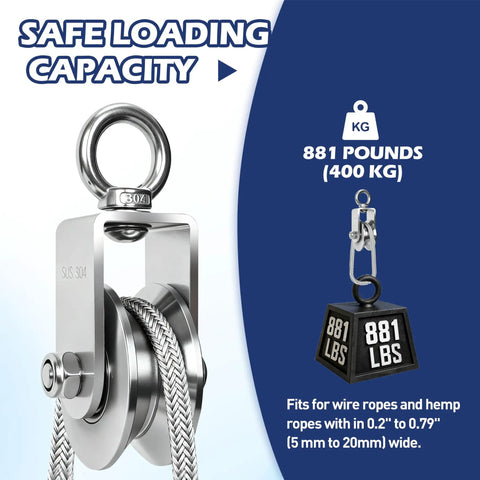 1 Pack 68mm U Groove Cable Pulley Wheel Built With Premium 304 Stainless Steel and Dual Bearing Swivel Action for Effortless Lifting and Smooth Rope Work Zero Drama and Total Durability Make This Badass Rigging Gear a Must Have showing the safe load capacity of 881 pounds.