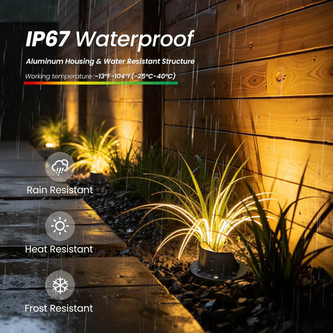 All In One Low Voltage Landscape Lighting Kit With 12W LED Well Lights IP67 Outdoor In Ground Waterproof, warm white lights illuminating garden path in rain.