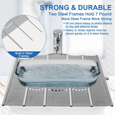 Real Deal Large Bathroom Sink Topper And Big Time Vanity Counter Mat Soft Silicone With Reinforced Steel Frame Heavy Load Bearing Waterproof Anti Slip Build For Low Maintenance Home Setup In Cool Grey with glass dish on top.