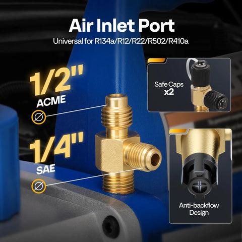 Front view of brass vacuum pump fittings on blue VIVOHOME unit; 1/2 ACME and 1/4 SAE ports